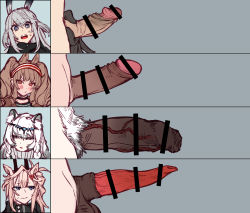 Rule 34 | 4girls, angelina (arknights), animal ear fluff, animal ears, animal penis, arknights, bar censor, blue eyes, braid, brown hair, censored, chart, closed mouth, comparison, earthspirit (arknights), erection, female pubic hair, foreskin, futanari, grey background, hair between eyes, hairband, highres, horns, long hair, looking at viewer, mirin chikuwa, multiple girls, open mouth, penis, penis chart, penis comparison, penis size difference, phimosis, portrait, pramanix (arknights), pubic hair, red eyes, simple background, testicles, veins, veiny penis, white hair