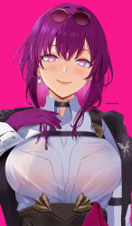 Rule 34 | 1girl, absurdres, arm belt, black jacket, blush, bra visible through clothes, breasts, butterfly ornament, chest harness, collared shirt, earrings, eyewear on head, gloves, hair between eyes, hand on own chest, harness, highres, honkai: star rail, honkai (series), jacket, jewelry, kafka (honkai: star rail), large breasts, lips, lipstick, long sleeves, looking at viewer, makeup, mature female, medium hair, mymzi, pink background, purple eyes, purple gloves, purple hair, round eyewear, shirt, sidelocks, simple background, single earring, smile, solo, straight-on, sunglasses, twitter username, underbust, upper body, white shirt