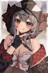 Rule 34 | 1girl, absurdres, animal hood, annin oekaki, bare shoulders, belt, belt collar, black belt, black collar, black gloves, black hair, blush, bow, breasts, camisole, caution, chest belt, cleavage, collar, fingerless gloves, frilled camisole, frills, gloves, grey hair, hair ornament, heart collar, heart pendant, highres, hololive, hood, large breasts, looking at viewer, multicolored hair, nail polish, off-shoulder jacket, off shoulder, orca hood, plaid, plaid bow, red eyes, red nails, sakamata chloe, sakamata chloe (1st costume), smile, solo, streaked hair, tongue, tongue out, upper body, v, virtual youtuber, white camisole, x hair ornament
