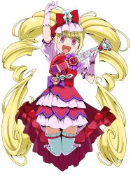 Rule 34 | 1girl, :d, absurdres, arm up, blonde hair, bow, colored eyelashes, cure macherie, dress, ebura din, full body, gloves, hair bow, highres, holding, holding instrument, hugtto! precure, instrument, jumping, layered dress, long hair, open mouth, pink gloves, pink sleeves, precure, red bow, red eyes, short dress, short sleeves, simple background, smile, solo, thighhighs, twintails, very long hair, white background, white thighhighs, zettai ryouiki