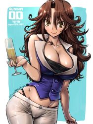 Rule 34 | 1girl, 2017, alcohol, amania orz, anniversary, bare shoulders, black panties, blush, breasts, brown eyes, brown hair, champagne, champagne flute, cleavage, collarbone, cup, dated, drinking glass, groin, gundam, gundam 00, highleg, highleg panties, large breasts, long hair, looking at viewer, panties, pants, shiny skin, skindentation, smile, solo, sumeragi lee noriega, twitter username, underwear, vest