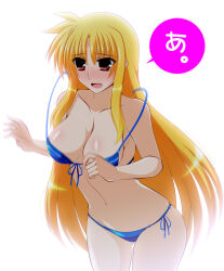 Rule 34 | 1girl, bikini, blonde hair, blush, breasts, cleavage, commentary, cowboy shot, engo (aquawatery), fate testarossa, front-tie bikini top, front-tie top, frown, large breasts, leaning forward, long hair, looking to the side, lyrical nanoha, motion blur, navel, open mouth, red eyes, side-tie bikini bottom, simple background, solo, speech bubble, standing, swimsuit, translated, untied bikini, very long hair, wardrobe malfunction, white background