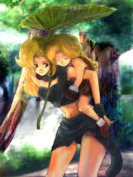 Rule 34 | 2girls, age difference, ayla (chrono trigger), blonde hair, boots, carrying, chrono (series), chrono cross, chrono trigger, closed eyes, female focus, gloves, green eyes, kuratomi, leah, long hair, midriff, miniskirt, mother and daughter, multiple girls, piggyback, skirt, square enix, tommy0117
