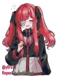 Rule 34 | 1girl, black bow, black jacket, blush, bow, closed eyes, cowboy shot, gauze over eye, hair bow, jacket, limbus company, long hair, long sleeves, open mouth, pink hair, project moon, simple background, smile, solo, twintails, white background, y0ru73, yuri (project moon)