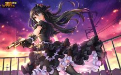 Rule 34 | 1girl, 300 heroes, black dress, black gloves, black hair, black thighhighs, closed mouth, date a live, dress, eyepatch, gloves, gothic lolita, gun, hair ornament, holding, holding gun, holding weapon, lolita fashion, long hair, looking at viewer, red eyes, smile, solo, symbol-shaped pupils, thighhighs, tokisaki kurumi, weapon, yue xiao e
