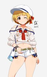 Rule 34 | 1girl, bag, bare shoulders, blonde hair, blush, breasts, brown eyes, collarbone, cowboy shot, dated, dot nose, fukuda noriko, grey background, grin, hat, idolmaster, idolmaster million live!, idolmaster million live! theater days, large breasts, looking at viewer, midriff, navel, neckerchief, off-shoulder shirt, off shoulder, one eye closed, red neckerchief, shirt, short hair, shorts, shoulder bag, signature, simple background, smile, solo, standing, striped wristband, tun, two-tone wristband, white shorts