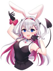 Rule 34 | 1girl, animal ears, avatar 2.0 project, black dress, black gloves, blue eyes, blush, colored inner hair, demon horns, dress, earrings, fake animal ears, gloves, hairband, highres, horns, jewelry, long hair, multicolored hair, musubime yui, nanoha wani, open mouth, pink hair, pink hairband, rabbit ears, simple background, solo, triangle earrings, two-tone hair, two side up, virtual youtuber, white background, white hair