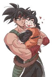 Rule 34 | 2boys, :d, ;), ^ ^, armor, bandana, bardock, black eyes, black hair, black legwear, blush, blush stickers, carrying, closed eyes, dougi, dragon ball, dragonball z, grandfather and grandson, happy, heart, highres, long sleeves, looking at another, monkey tail, multiple boys, one eye closed, open mouth, red bandana, simple background, smile, son goten, spiked hair, tail, tuna0205, white background, wristband