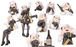 Rule 34 | 1girl, absurdres, ak-alfa, ak-alfa (girls&#039; frontline), alcohol, arm up, assault rifle, beer, beer bottle, black dress, black footwear, brown eyes, brown pantyhose, character name, closed eyes, commentary request, crying, dress, full body, gas mask, girls&#039; frontline, gun, high heels, highres, interface headset, long hair, long sleeves, looking at viewer, mary janes, mask, mask around neck, multiple views, hugging object, pantyhose, rifle, rui (rei leyi), shoes, silver hair, sitting, standing, thick eyebrows, upper body, very long hair, waving, weapon, weapon on back, white background