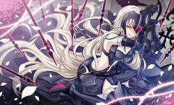 Rule 34 | 1girl, absurdly long hair, armor, armored boots, black footwear, black gloves, black thighhighs, boots, breasts, brown eyes, chain, cleavage, fate/grand order, fate (series), fur trim, gloves, high heel boots, high heels, jeanne d&#039;arc (fate), jeanne d&#039;arc alter (avenger) (fate), jeanne d&#039;arc alter (avenger) (third ascension) (fate), jeanne d&#039;arc alter (fate), long hair, looking at viewer, medium breasts, midriff, navel, petals, rindo, silver hair, sitting, solo, stomach, thighhighs, very long hair