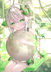 Rule 34 | 1girl, absurdres, bloomers, braid, child, colored tips, commentary, cross-shaped pupils, detached sleeves, dress, feet out of frame, genshin impact, gold trim, gradient hair, green eyes, green hair, green sleeves, hair ornament, highres, holding, leaf hair ornament, long hair, looking at viewer, mochi mochi052, moon, multicolored hair, nahida (genshin impact), parted lips, pointy ears, side braid, side ponytail, sitting, solo, swing, symbol-shaped pupils, underwear, white bloomers, white dress, white hair