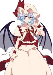 Rule 34 | 1girl, ascot, bat wings, bow, brooch, collar, cowboy shot, fang, frilled ascot, frilled shirt collar, frills, hat, hat bow, highres, himadera, jewelry, light purple hair, looking at viewer, mob cap, nail polish, puffy short sleeves, puffy sleeves, red ascot, red bow, red eyes, red nails, remilia scarlet, short sleeves, simple background, skin fang, smile, solo, touhou, twitter username, white background, wings, wrist cuffs