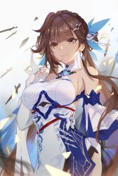 Rule 34 | 1girl, bare shoulders, breasts, brown eyes, brown hair, china dress, chinese clothes, closed mouth, dress, elbow gloves, fingerless gloves, gloves, hair ornament, highres, honkai (series), honkai impact 3rd, large breasts, li sushang, li sushang (jade knight), long hair, looking at viewer, smile, solo, taichi (yirkorn), upper body, white background, white dress, white gloves
