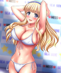 Rule 34 | 1girl, absurdres, bikini, blonde hair, blue hairband, blurry, blurry background, breasts, cleavage, commentary request, covered erect nipples, cowboy shot, double bun, fletcher (kancolle), front-tie bikini top, front-tie top, hair bun, hairband, highres, kantai collection, large breasts, long hair, looking at viewer, purple eyes, side-tie bikini bottom, solo, swimsuit, white bikini, zanntetu