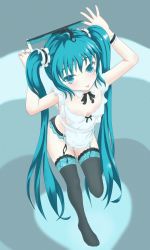 Rule 34 | 1girl, :p, apron, aqua eyes, aqua hair, arms up, bad id, bad pixiv id, collar, garter belt, hatsune miku, highres, jixing renou, lace, lace-trimmed panties, lace trim, long hair, naked apron, no panties, object on head, panties, panties on head, solo, thighhighs, thong, tongue, tongue out, twintails, underwear, unworn panties, very long hair, vocaloid