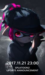 Rule 34 | 1girl, backlighting, bad id, bad pixiv id, baseball cap, black hat, black shirt, closed mouth, commentary request, copyright name, dated, english text, expressionless, hand on headwear, hand up, hat, highres, inkling, inkling girl, inkling player character, kashu (hizake), long sleeves, looking at viewer, monster girl, nintendo, pink hair, pointy ears, ponytail, red eyes, shirt, short hair, short ponytail, solo, splatoon (series), splatoon 2, tentacle hair, timestamp, upper body