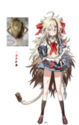 Rule 34 | absurdres, ahoge, animal ears, armband, bag, blonde hair, blue bag, bow, brown footwear, brown hair, brown socks, chain, ear piercing, extra ears, gradient hair, grey jacket, grey skirt, hair bow, hand on own hip, highres, jacket, lion ears, lion girl, lion tail, loafers, mane, messy hair, multicolored hair, neckerchief, ohw8g, original, parted bangs, piercing, pleated skirt, red bow, red neckerchief, scar, scar on face, scar on leg, school uniform, shoes, shoulder bag, sidelocks, skirt, socks, streaked hair, tail, torn clothes, two-tone hair, white background, yellow eyes