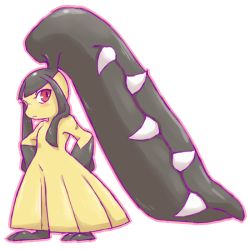 Rule 34 | 1girl, black hair, blush, chizi, closed mouth, creatures (company), extra mouth, female focus, full body, game freak, gen 3 pokemon, hands on own hips, light blush, long hair, mawile, nintendo, outline, pink outline, pokemon, pokemon (creature), red eyes, sharp teeth, simple background, solo, standing, teeth, white background