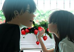 Rule 34 | 1boy, 1girl, absurdres, backlighting, blush, brother and sister, child, feeding, food, fruit, highres, honnryou hanaru, open mouth, original, parted lips, profile, siblings, strawberry