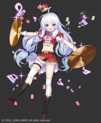 Rule 34 | 1girl, :d, absurdres, ahoge, band uniform, belt, black background, black footwear, blue eyes, boots, breasts, crop top, cymbals, epaulettes, full body, gold trim, hat, highres, holding, instrument, knee boots, lim jaejin, long hair, looking at viewer, low twintails, medium breasts, midriff, miniskirt, musical note, navel, official art, open mouth, outstretched arms, pleated skirt, red hat, red shirt, red skirt, shako cap, shirt, short sleeves, simple background, skirt, smile, solo, soulworker, stella unibell, stomach, thigh strap, thighhighs, thighs, twintails, very long hair, white hair, white thighhighs, zettai ryouiki