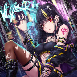 Rule 34 | 1girl, album cover, bare shoulders, black footwear, black hair, black jacket, black nails, black skirt, blonde hair, boots, breasts, commentary request, cover, ear piercing, earrings, facial mark, fence, frown, hair ornament, jacket, jewelry, large breasts, large hand, long hair, looking at viewer, multicolored hair, nail polish, original, piercing, red eyes, sakiyamama, skirt, skull hair ornament, solo, streaked hair, thighhighs, torn clothes, torn thighhighs, yellow jacket