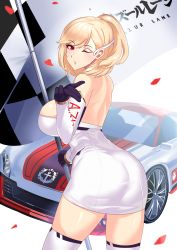 Rule 34 | 1girl, absurdres, ass, azur lane, backless dress, backless outfit, bare shoulders, black gloves, blonde hair, breasts, car, checkered flag, detached sleeves, dress, flag, gloves, highres, holding, holding flag, large breasts, long hair, looking at viewer, looking back, microdress, motor vehicle, prince of wales (azur lane), prince of wales (the laureate&#039;s victory lap) (azur lane), race queen, red eyes, sideboob, skin tight, solo, strapless, thighhighs, white dress, white thighhighs, zukanosuke