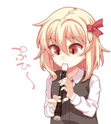Rule 34 | 1girl, black vest, blonde hair, blush, collarbone, collared shirt, commentary request, flute, hair between eyes, hair ribbon, holding flute, holding instrument, instrument, long sleeves, looking down, medium hair, music, necktie, nose blush, playing instrument, recorder, red eyes, red necktie, red ribbon, ribbon, rumia, shamo (koumakantv), shirt, simple background, slit pupils, solo, sound effects, touhou, upper body, vest, white background, white shirt