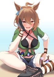Rule 34 | 1girl, absurdres, agnes tachyon (lunatic lab) (umamusume), agnes tachyon (umamusume), ahoge, animal ears, bikini, black bikini, black footwear, black gloves, breasts, brown hair, cleavage, commentary request, criss-cross halter, cross-laced footwear, denim, denim shorts, flask, gloves, green jacket, hair between eyes, halterneck, highres, himuraanzu, horse ears, horse girl, horse tail, indian style, jacket, looking at viewer, medium breasts, official alternate costume, open fly, partial commentary, red eyes, round-bottom flask, sandals, short hair, shorts, single glove, sitting, sleeves rolled up, smile, solo, swimsuit, tail, textless version, thigh strap, tied jacket, umamusume