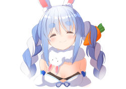 Rule 34 | 1girl, ^ ^, ame., animal ear fluff, animal ears, bare shoulders, black leotard, blue hair, blush, braid, breasts, carrot hair ornament, closed eyes, closed mouth, commentary request, cropped torso, don-chan (usada pekora), dress, facing viewer, food-themed hair ornament, hair between eyes, hair ornament, highres, hololive, leotard, long hair, medium breasts, multicolored hair, puffy sleeves, rabbit ears, short eyebrows, sidelocks, simple background, smile, strapless, strapless dress, strapless leotard, thick eyebrows, twin braids, twintails, two-tone hair, upper body, usada pekora, usada pekora (1st costume), virtual youtuber, white background, white dress, white hair, white sleeves