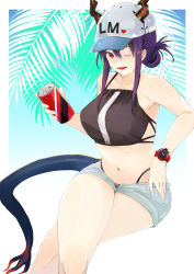Rule 34 | 1girl, aaoshigatoutoi, absurdres, arknights, bare legs, bare shoulders, baseball cap, bikini, black bikini, blonde hair, blue background, blue shorts, blush, breasts, can, ch&#039;en (arknights), ch'en (arknights), collarbone, commentary, denim, denim shorts, dragon horns, dragon tail, drink, drink can, female tourist c (arknights), gradient background, hair between eyes, hair bun, hat, highres, holding, holding drink, horns, large breasts, looking at viewer, medium hair, midriff, multicolored hair, navel, official alternate costume, one eye closed, open fly, open mouth, palm tree, purple hair, red hair, short shorts, shorts, single hair bun, sitting, sleeveless, smile, soda can, solo, streaked hair, swimsuit, tail, thighs, tree, watch, white hat, wristwatch