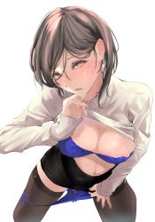 Rule 34 | 1girl, akiyama cz4a, black skirt, black thighhighs, blue bra, blue panties, blush, bow, bow panties, bra, breasts, brown hair, cleavage, clothes lift, cum, cum in clothes, cum in panties, cum on body, cum on breasts, cum on clothes, cum on upper body, cumdrip, earrings, facial hair, from above, hair behind ear, hair between eyes, hand up, highres, jewelry, lifted by self, long sleeves, looking at viewer, looking up, medium breasts, nail polish, navel, nipples, one breast out, original, panties, panty pull, parted lips, pink nails, shirt, shirt lift, short hair, side-tie panties, simple background, skirt, slit pupils, solo, thighhighs, underwear, white background, white shirt, yellow eyes