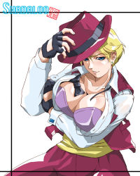 Rule 34 | 1girl, adjusting clothes, adjusting headwear, androgynous, balrog (shadaloo tachikawa shibu), black gloves, blonde hair, blue eyes, blush, body blush, bow, bowtie, bra, breast hold, breasts, cleavage, dress shirt, earrings, fedora, fingerless gloves, formal, framed, gloves, hat, holding, holding own hair, huge breasts, jewelry, king (snk), lingerie, long sleeves, looking at viewer, open clothes, open shirt, pant suit, pants, parted lips, purple bra, ryuuko no ken, sash, see-through, shadaloo, shirt, short hair, simple background, smile, snk, solo, suit, the king of fighters, unbuttoned, underwear, untied, vest, white background, white shirt, wing collar