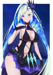Rule 34 | 1girl, bad id, bad twitter id, bare shoulders, black gloves, blue background, breasts, brynhildr (fate), brynhildr (swimsuit berserker) (fate), brynhildr (swimsuit berserker) (second ascension) (fate), cleavage, clothing cutout, crystal, dress, fate/grand order, fate/prototype, fate/prototype: fragments of blue and silver, fate (series), gloves, green hair, halter dress, halterneck, hand on own chest, long hair, navel, purple eyes, side cutout, sideboob, single wing, sleeveless, smile, solo, stomach cutout, swept bangs, thighs, wings, yuzuruka (bougainvillea)