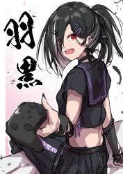 1girl absurdres azur_lane black_choker black_hair black_shirt black_skirt character_name choker controller cropped_shirt game_controller haguro_(azur_lane) hair_ornament hair_over_one_eye hairclip high_ponytail highres holding holding_controller holding_game_controller looking_at_viewer open_mouth oriue_wato pleated_skirt red_eyes shirt sitting sketch skirt solo white_hair