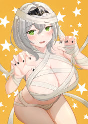 Rule 34 | 1girl, bandages, black nails, blush, braid, breasts, cleavage, crown braid, ghost pose, green eyes, grey hair, hairband, halloween, hands up, highres, hololive, kul (ngsensei), large breasts, looking at viewer, mummy, nail polish, no nose, open mouth, raised eyebrows, shirogane noel, short hair, solo, star (symbol), virtual youtuber, yellow background