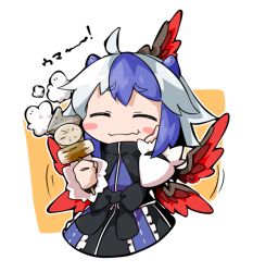 Rule 34 | 1girl, ahoge, blue hair, blush stickers, byourou, eating, head wings, horns, multicolored hair, oden, short hair, silver hair, smile, solo, tokiko (touhou), touhou, two-tone hair, wings