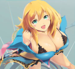 Rule 34 | 1girl, :d, alternate breast size, amano cigusa, aqua eyes, bare shoulders, black bra, blonde hair, blue dress, blurry, bokeh, bra, breasts, bridal gauntlets, chromatic aberration, cleavage, dark magician girl, depth of field, dress, duel monster, facial mark, from above, huge breasts, jewelry, large breasts, lingerie, long hair, looking up, necklace, no headwear, off shoulder, open mouth, smile, solo, staff, underwear, unworn headwear, yu-gi-oh!, yu-gi-oh! duel monsters