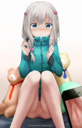 Rule 34 | 10s, 1girl, 3:, anus, ass, blue eyes, blush, bottomless, bow, cellphone, censored, cleft of venus, closed mouth, commentary request, embarrassed, eromanga sensei, grey hair, hair between eyes, hair bow, izumi sagiri, jacket, knees together feet apart, long hair, looking at viewer, mosaic censoring, phone, pink bow, pussy, revision, smartphone, solo, stuffed animal, stuffed toy, teddy bear, thighs, uncensored, watermark, web address, zen33n