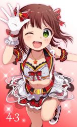 Rule 34 | 10s, 1girl, ;d, amami haruka, belt, blush, brown hair, gloves, gradient background, green eyes, hair ornament, hair ribbon, hiiringu, idolmaster, idolmaster (classic), idolmaster one for all, jewelry, navel, necklace, one eye closed, open mouth, ribbon, short hair, skirt, smile, solo