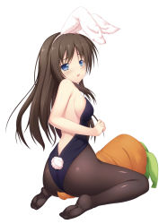 Rule 34 | 1girl, animal ears, ass, backless outfit, bare back, blue eyes, breasts, brown hair, carrot, fake animal ears, from behind, highres, ippan hei(blood-blood), legs, leotard, long hair, looking back, original, pantyhose, playboy bunny, rabbit ears, rabbit tail, sideboob, simple background, sitting, solo, tail, wariza, white background