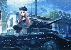 Rule 34 | 1girl, absurdres, animal ears, cat ears, caterpillar tracks, guitar, hat, highres, instrument, long hair, military, military vehicle, motor vehicle, motoyon, non-web source, on vehicle, pantyhose, panzer ii, panzer ii, snow, solo, tank, vehicle