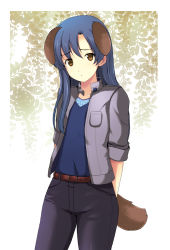 Rule 34 | 1girl, animal ears, arms behind back, bad id, bad pixiv id, belt, blue hair, brown eyes, dog ears, idolmaster, idolmaster (classic), kemonomimi mode, kisaragi chihaya, long hair, md5 mismatch, onion (lemlaml), open mouth, pants, sleeves rolled up, solo, tail