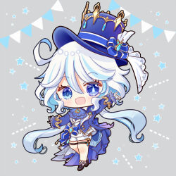 Rule 34 | 1girl, :d, ahoge, ascot, black footwear, blue ascot, blue bow, blue brooch, blue cape, blue eyes, blue gemstone, blue hair, blue hat, blue jacket, boots, bow, cape, check clothing, chibi, commentary request, drop-shaped pupils, full body, furina (genshin impact), gem, genshin impact, grey background, hair between eyes, hat, heterochromia, jacket, jewelry, kodona, light blue hair, lolita fashion, long hair, long sleeves, looking at viewer, mismatched pupils, multicolored hair, open mouth, ponytail, shorts, simple background, smile, solo, standing, star (symbol), streaked hair, symbol-shaped pupils, top hat, two-tone hair, white hair, white shorts, white trim bow, yuzuki (manabi0214)