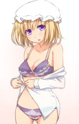 1girl blonde_hair bow bow_bra bow_panties bra breasts cleavage dress_shirt female_focus hat maribel_hearn navel panties purple_bra purple_eyes purple_panties shirt short_hair solo tori_(minamopa) touhou underwear