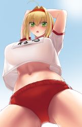 Rule 34 | 1girl, ahoge, arms behind head, arms up, blonde hair, blue background, blush, breasts, buruma, fate/extra, fate/grand order, fate (series), gachou, gradient background, green eyes, gym shirt, gym uniform, hair intakes, headband, highres, large breasts, long hair, looking at viewer, name tag, navel, nero claudius (fate), nero claudius (fate) (all), nero claudius (fate/extra), nero claudius (olympian bloomers) (fate), official alternate costume, open mouth, red buruma, red headband, shirt, shirt overhang, solo, stretching