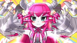 Rule 34 | 1girl, blue eyes, blush, blush stickers, breasts, curled horns, double v, dragon horns, elizabeth bathory (fate), emotional engine - full drive, fate/grand order, fate (series), hands up, horns, humanoid robot, long hair, looking at viewer, mecha eli-chan (fate), namioka nishihito, parody, pink hair, robot, small breasts, solo, sparkle, sunburst, sunburst background, v, v over eye, wings, yellow background