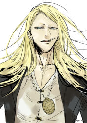Rule 34 | 1boy, black jacket, blonde hair, blue eyes, cigarette, collarbone, fate/grand order, fate (series), flapper shirt, jacket, jewelry, long hair, looking at viewer, male focus, medallion, nervlish, no eyewear, open clothes, open jacket, shirt, signature, simple background, solo, tezcatlipoca (fate), upper body, white background, white shirt