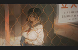 Rule 34 | 1girl, bag, black hair, blurry, blurry background, blush, breasts, brown eyes, chain-link fence, closed mouth, commentary request, fence, glasses, highres, huge breasts, looking at viewer, medium hair, neckerchief, original, red neckerchief, sailor collar, school bag, school uniform, serafuku, sign, signature, skirt, solo, translation request, wudi sao nian