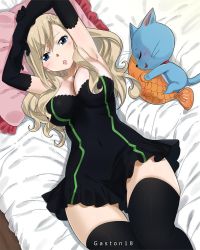 Rule 34 | 1girl, armpits, bed sheet, black dress, black gloves, black legwear, blonde hair, blue eyes, breasts, cleavage, colorized, dress, eden&#039;s zero, elbow gloves, female focus, gaston18, gloves, happy (eden&#039;s zero), highres, large breasts, long hair, looking at viewer, lying, mashima hiro, navel, on back, parted lips, rebecca bluegarden, thigh gap