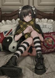Rule 34 | 1girl, absurdres, ankle boots, black footwear, black hair, black shirt, black skirt, boots, bracelet, closed mouth, commentary, cross-laced footwear, english commentary, gishiki (gshk), hair ribbon, highres, hoshimaru, hugging object, jewelry, knees together feet apart, looking at viewer, medium hair, narutaru, no panties, nude filter, on bed, original, partially visible vulva, pillow, pillow hug, ribbon, shirt, sitting, skirt, socks, solo, spiked bracelet, spikes, star-shaped pillow, striped clothes, striped socks, third-party edit, twintails, uncensored, upskirt, white ribbon, yellow eyes, yin yang